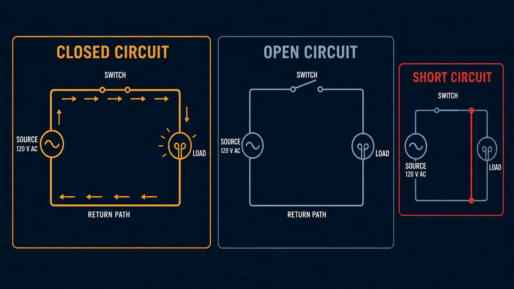 Three-panel circuit comparison. A closed 120-volt AC circuit shows amber current arrows traveling from the source through a closed switch and lamp load, then along the return path. An open circuit shows the switch interrupting the path with no current arrows. A short-circuit inset shows a closed switch and a red line-to-neutral path bypassing the lamp.