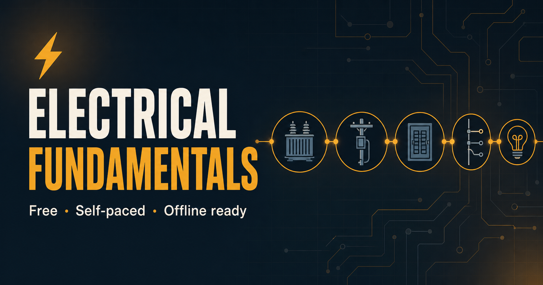 Electrical Fundamentals graphic tracing power from a transformer through the service, panel, branch circuit, and load.